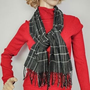 Cashmink by V. Fraas Scarf Black, Gray, White Plaid Fringed 52"L X 11"W